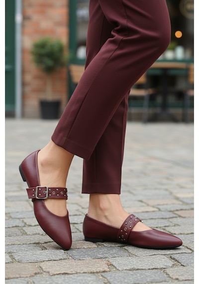 Bordo Cilt Kemerli Hafif Esnek Kadın Babet 209166 Z Bordo Cilt