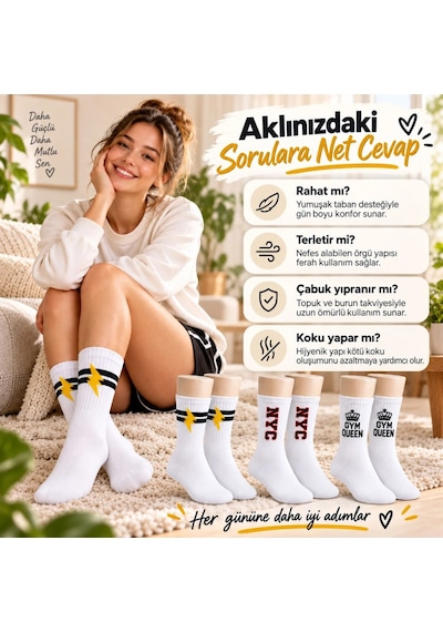 Bezos Kadın Spor Çorap Beyaz Yazılı 3'lü Set Uzun Soket Pamuklu Dikişsiz Nefes Alan Spor Konforlu Çoraplar Nxrlvng