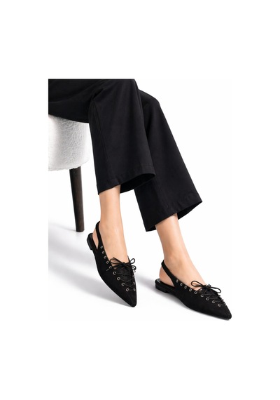Dadwolf Kadın Süet Bağcıklı Slingback Babet Sivri Burun Arkası Açık Günlük Ayakkabı Siyah Süet