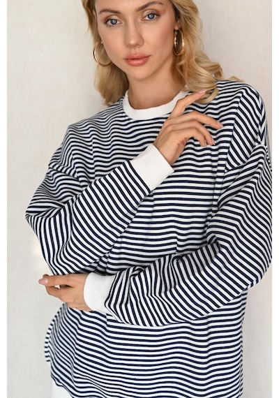 Oversize Çizgili Sweatshirt Lacivert