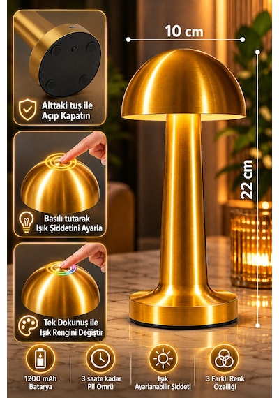 Metal Mantar Gold Masa Lambası Dokunmatik 3 Işıklı Şarjlı