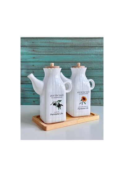Bambu Standlı Etiketli Kare 2 Li Porselen 1000 Ml Yağdanlık Seti Yağlık Takımı Beyaz Beyaz