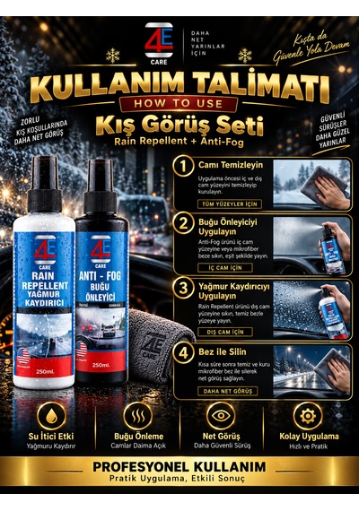4e Care 2'li Kış Görüş Seti: Yağmur Kaydırıcı & Buğu Önleyici Sprey Net Görüş Paketi 250 Ml
