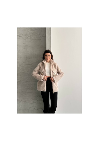 Asur Boutique Asur Butik Kadın Keçeli Kumaş Tokalı Fermuarlı Ceket Bej