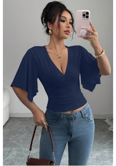 Kadın Kruvaze Yaka Yarasa Kol Likralı Şık T-shirt Lacivert