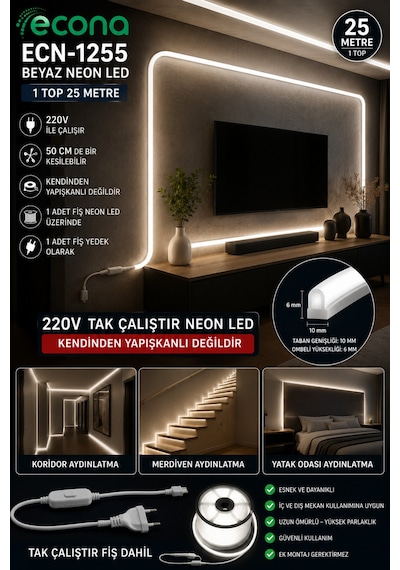 25 Metre Beyaz Işık 220v Neon Led Şerit Led, Çok Parlak, Kesilebilir, Tak-çalıştır Fişli & Yedek Fişli,esnek Led,6500k Beyaz-6500k 25 Metre Beyaz Işık 220v Neon Led Şerit Led, Çok Parlak, Kesilebilir, Tak-çalıştır Fişli & Yedek Fişli,esnek Led,6500k Beyaz-6500k