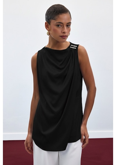 Sateen Aksesuar Detaylı Kolsuz Bluz - Siyah-136916 Siyah