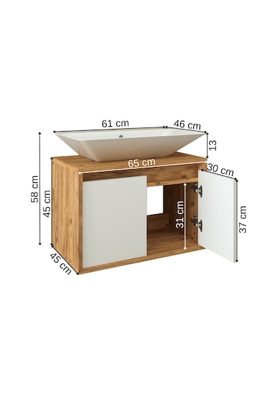Banos Roomart Ayaksız 2 Kapaklı Lavabolu Ahşap-Mat Beyaz Mdf 65 . Beyaz