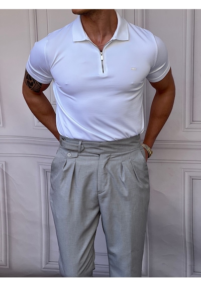 Modefendi Yüksek Kalite Polo Yaka Fermuarlı Tshirt Beyaz