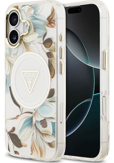 Apple Uyumlu iPhone 17 Kılıf Guess Lisanslı M-safeli Simli Çiçek Desen Metal Kamera Çerçeveli Üçgen Logolu Beyaz Beyaz