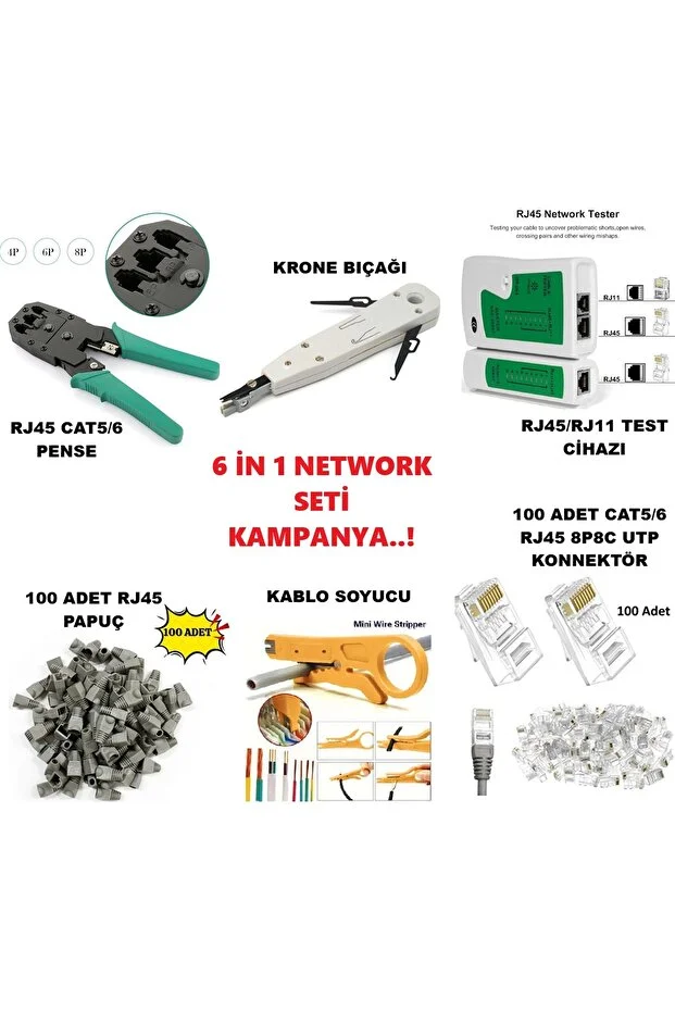 6 İn 1 Set Cat5/6 Rj45 Pense Tester Cihazı 100 Adet Jak Krone Bıçağı - Kablo Soyucu - 100 Adet Cover Network Set