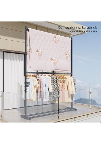Vusıgn 2 Katlı Karbon Çelik Elbise Askısı Metal Kıyafet Askılığı 100x180 Cm Ahşap Rengi