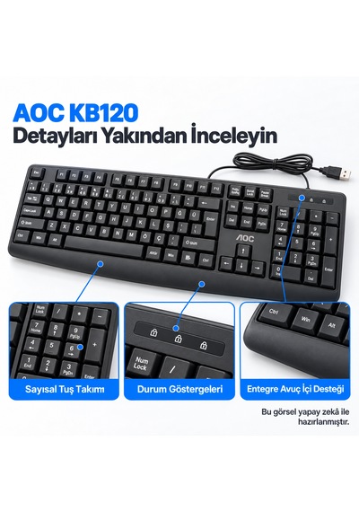 Aoc Kb120 Türkçe Q Usb Kablolu Sessiz Klavye Siyah