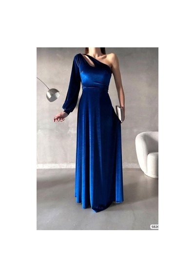 Lior Design Kadın Şık Detay Esnek Kadife Kumaş Tek Omuz Abiye Elbise Saks