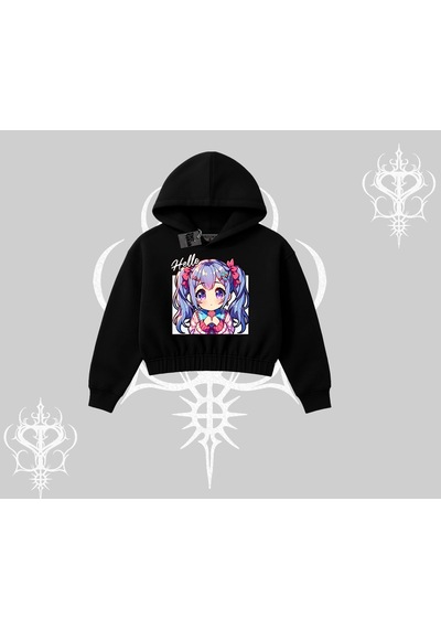 Startmore Kapşonlu Crop Sweatshirt Hello Anime Kız Sevimli Karakter Baskılı Siyah