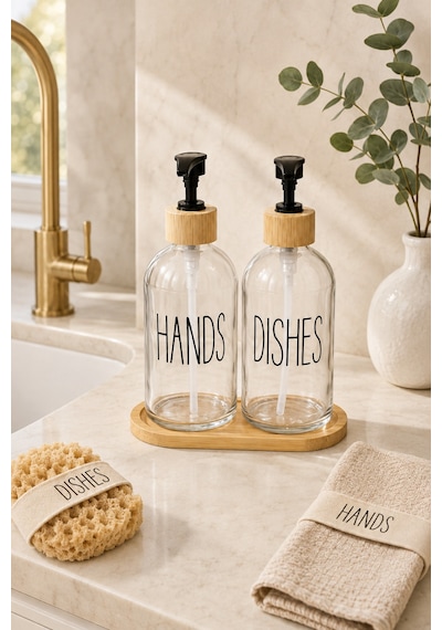 Relly Bambu Standlı İkili Cam Sabunluk Seti 2 X 500 Ml Hands & Dıshes Şeffaf