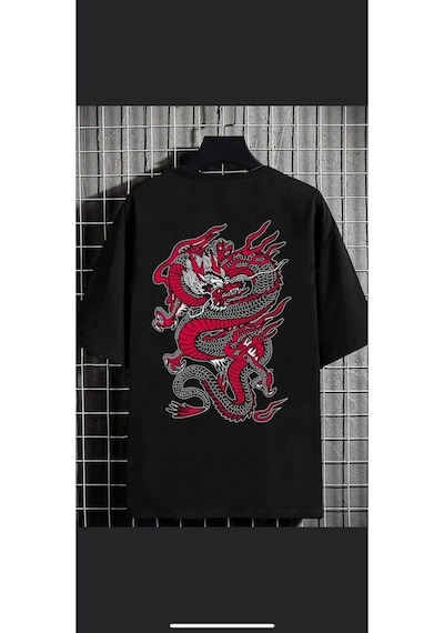 Flood Of Style Erkek Siyah Ejderha Oversize Bisiklet Yaka Tshirt