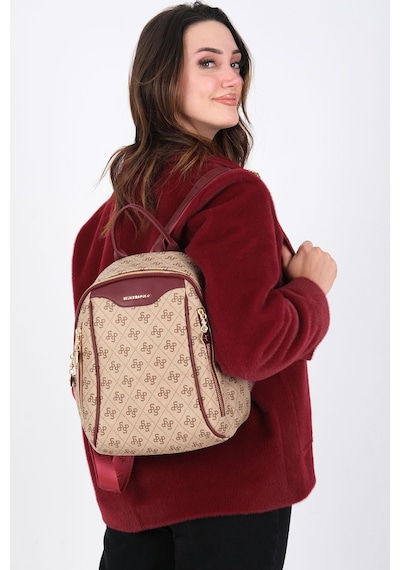 Silver Polo Koyu Bej - Bordo Monogram Kadın Sırt Çantası Sp906