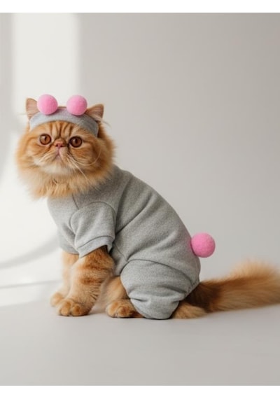 Ponpon Şeker Kedi Tulumu & Bere Takımı Şardonlu Polar Kumaş Tüy Dökülmesini Gri XL