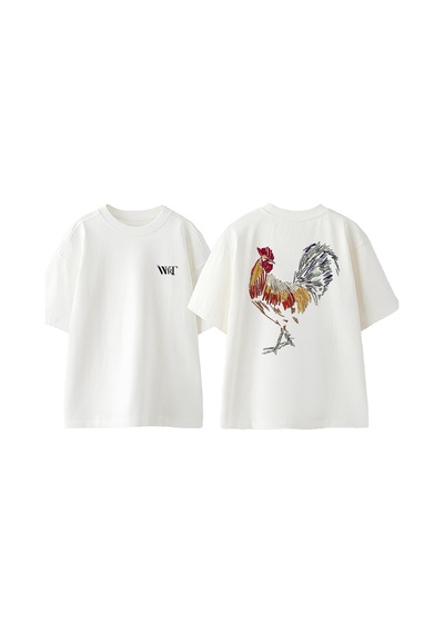 Thewert Horoz Renkli Tasarım Sırt Baskılı Pamuk Beyaz Oversize T-shirt