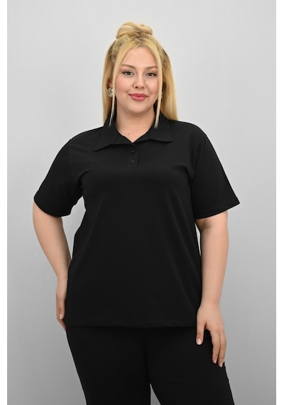 Koza Butik Kadın Büyük Beden Kısa Kollu Polo Yaka Eşofman Takımı 8188-25 Siyah