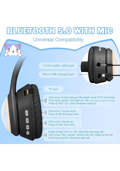 Renkli Büyük A Kalite Kulak Üstü Taç Renkli Işıklı Kedi Kulaklı Kedi Kabartmalı 5.3 Version Ped Balşlıklı Boyu Ayarlanabilen Çok Rahat Bluetooth Kulaklık Akz 02 Pembe