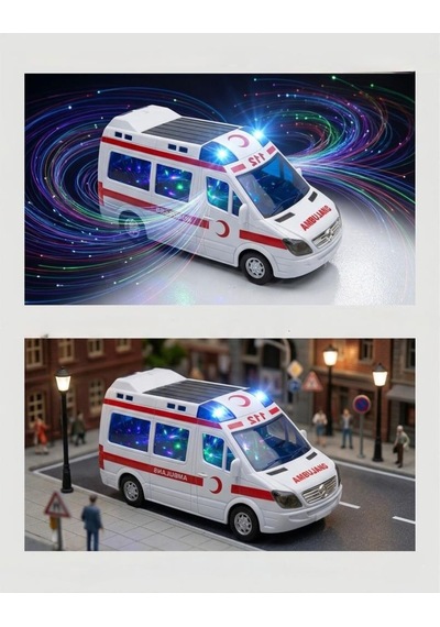 3d Işıklı Sesli Pilli Çarp-dön Mekanizmalı 17cm Gerçekçi Tasarımlı Eğlenceli Oyuncak Ambulans Çok Renkli