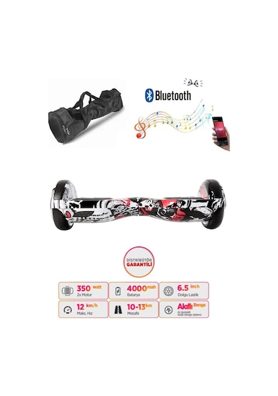 Citymate Elektrikli Kaykay Hoverboard Bluetooth Hoparlörlü 6.5 İnç Grafiti D06 +Çanta