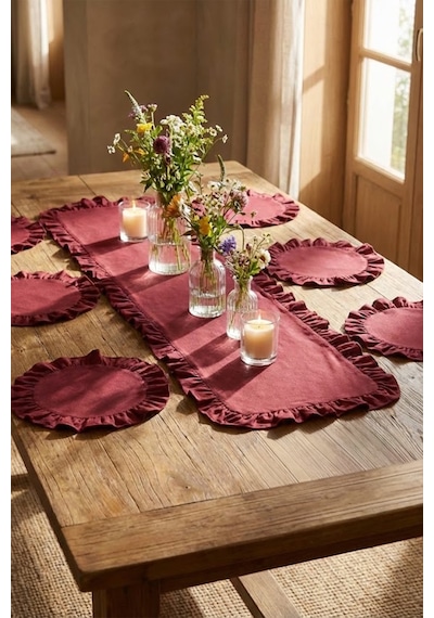 Yunusoğlu Home Fırfırlı Runner Ve Supla Takımı - Masa Örtüsü Takımı 7 Parça 150x50 Cm Bordo