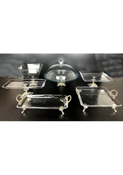 Elta Collection 6 Parca Döküm Ayaklı Gümüş Cam Sunumluk Gümüş