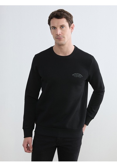 Lcwaıkıkı Classic Siyah Bisiklet Yaka Baskılı Erkek Kalın Sweatshirt