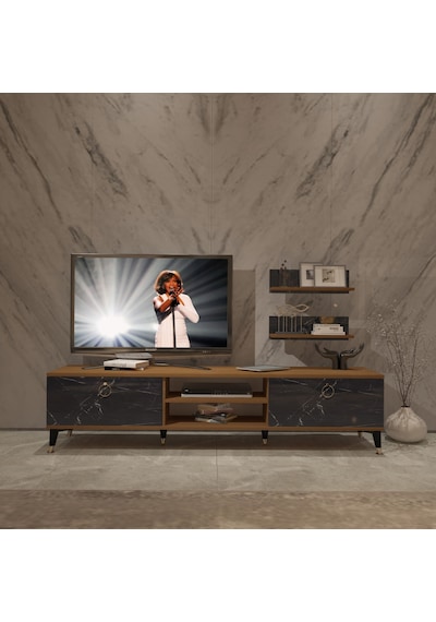 Decoraktiv Eko 4 Mdf Dvd Gold Tv Ünitesi Tv Sehpası Ceviz - Siyah Mermer