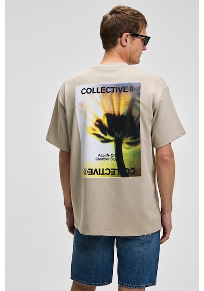 Grımelange COLLECTIVE Erkek Ön Nakış Arka Baskı Detaylı %100 Organik Pamuk Oversize Kısa Kol Taş Rengi T-Shirt