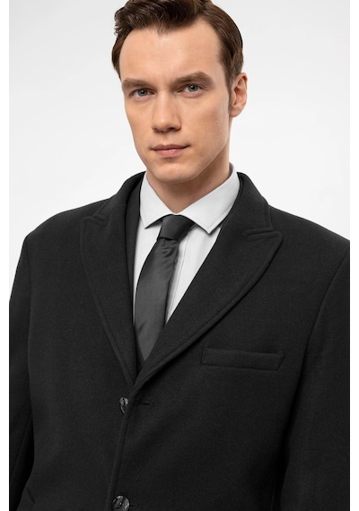 Süvari Slim Fit Yünlü Sivri Yaka Siyah Erkek Kaban Siyah