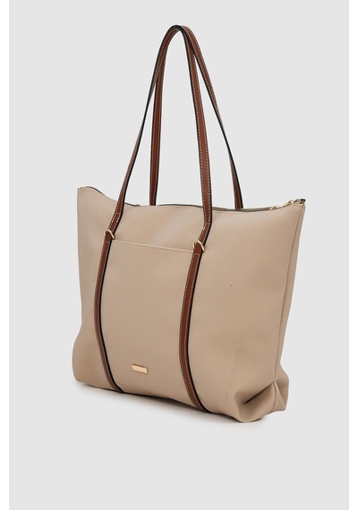 Wuclo Velie Paraşüt Kumaş Şeritli Shopper Çanta Vizon-taba Vizon - Taba