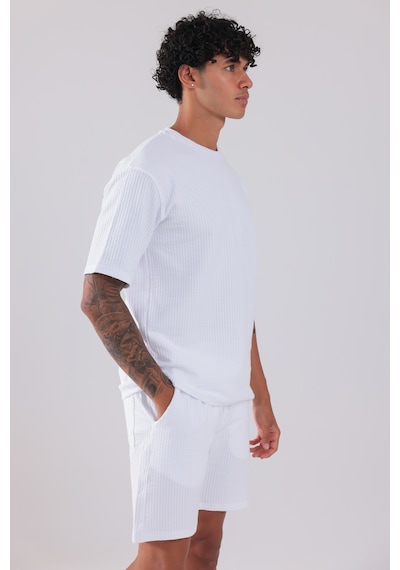 Rowinger Waffle Dokulu Oversize T-shirt Ve Şort Erkek Takım Whıte