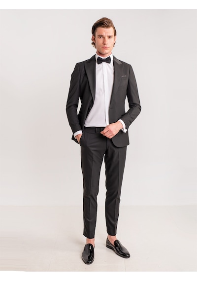 Dufy Siyah Erkek Modern Fit Mono Yaka Smokin Takım-61300 Siyah
