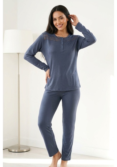 Aura Collections Kadın Dantelli Bambu Viskon Uzun Kollu Mevsimlik Soft Örme Pijama Takımı Lacivert