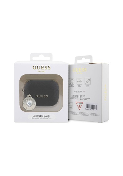Apple Uyumlu AirPods Pro 2 Kılıf Guess Lisanslı Glitter Elmas Kalp Süs Zincirli Siyah