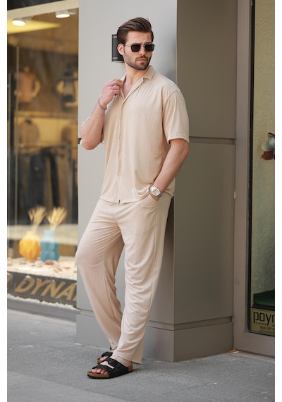 Madmext Bej Basic Erkek Gömlek Takım E7315 Bej