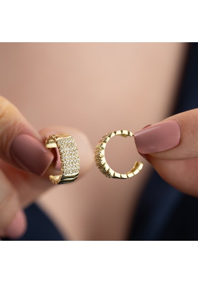 925 Ayar Gümüş Şeritli Ve Taşlı Halka Küpe Gold