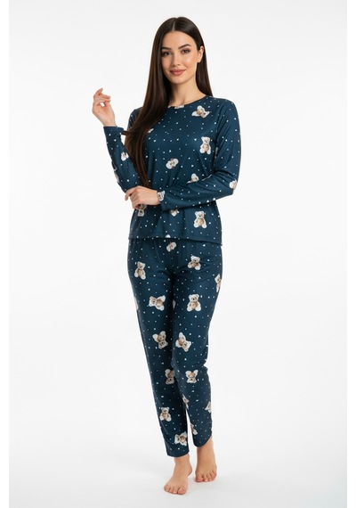 Bisiklet Yaka Süet Pijama Takımı 6003 Ayıcıklı Lacivert