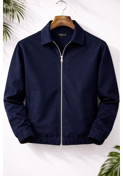 Mero Life Erkek Basic Old Money Fermuarlı Oversize Mevsimlik Polo Yaka Gabardin Kumaş Lacivert Ceket
