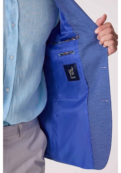 Erkek Mavi Regular Fit Keten Karışımlı Mono Yaka Ceket