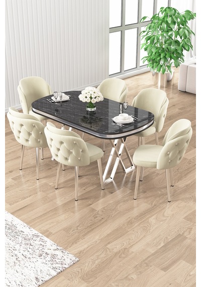 Canisa Zae Serisi 90x168 Lak Panel Siyah Mermer Desen Masa Takımı Krom Ayaklı 6 Krem Sandalye Masa Siyah Mermer Desen Sandalye Krem Canisa Zae Serisi 90x168 Lak Panel Siyah Mermer Desen Masa Takımı Krom Ayaklı 6 Krem Sandalye Masa Siyah Mermer Desen Sandalye Krem