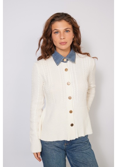 Denim Yaka Detaylı Peplum Triko Kazak Ekru