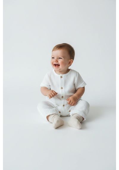 Tiffany Baby & Kids Müslin White Tasarımlı Yarım Kol Tulum Beyaz