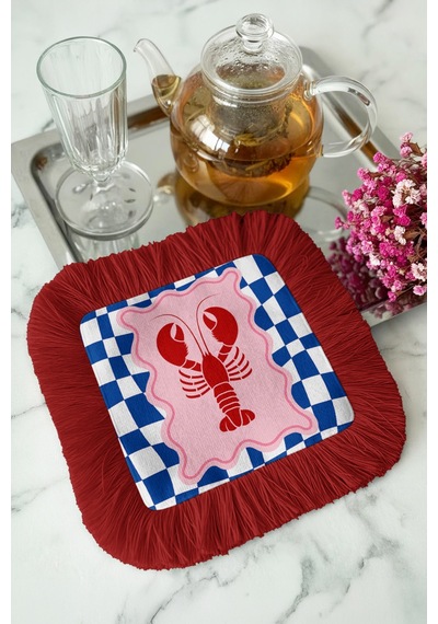 Lobster Temalı Saçaklı Bohem Sunum Peçetesi - Denizcilik Stil Kırmızı Mavi Bardak Altlığı Mendil Çok Renkli