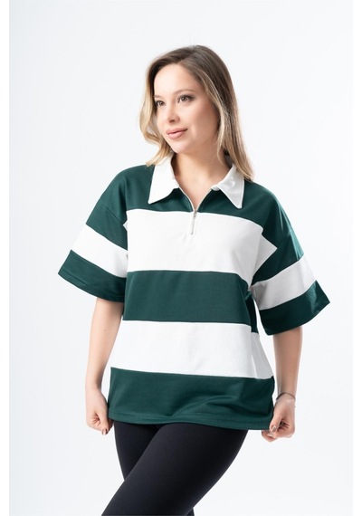 Kadın Polo Yaka Çizgili Oversize T-shirt 001