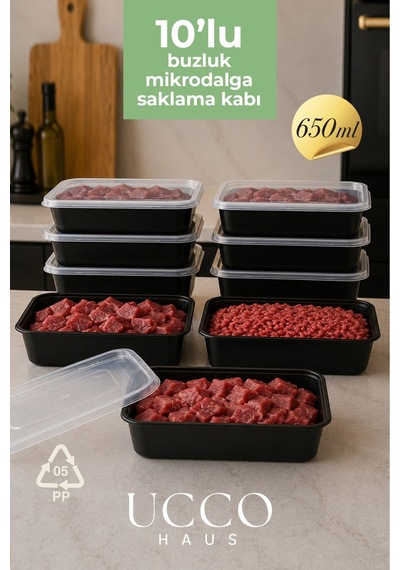 650 Ml Kapaklı Buzluk Mikrodalga Saklama Kabı - 10 Adet - Et, Kıyma, Sebze, Meyve Buzluk Buzdolabı Organizeri Siyah